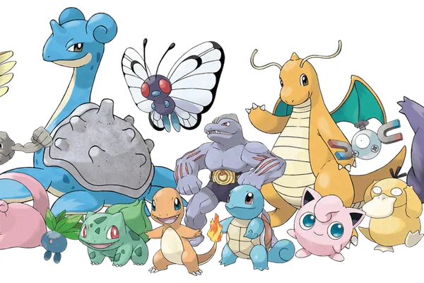 A collection of Kanto Pokémon, featuring Pidgeot, Lapras, Butterfree, Machoke, Charizard, Squirtle, Bulbasaur, Jigglypuff, and Gengar.