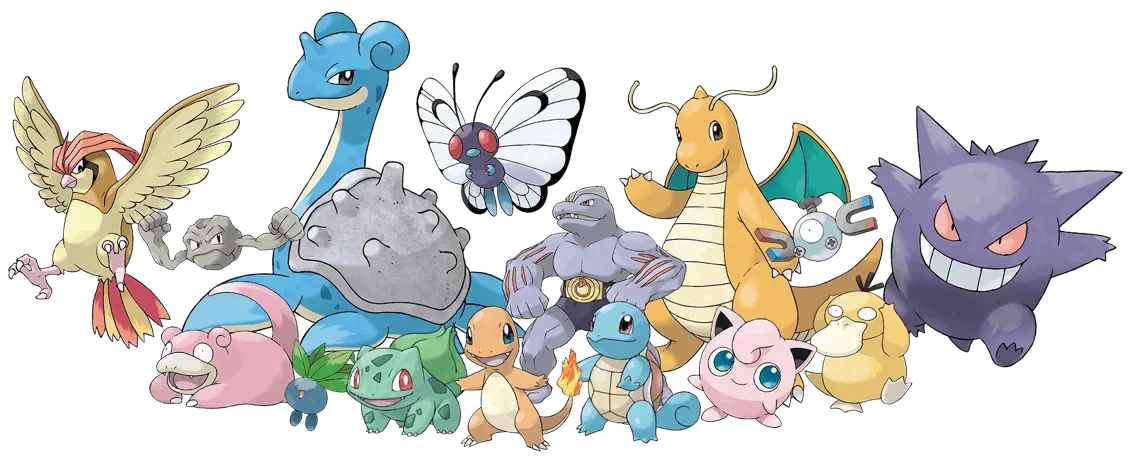 A collection of Kanto Pokémon, featuring Pidgeot, Lapras, Butterfree, Machoke, Charizard, Squirtle, Bulbasaur, Jigglypuff, and Gengar.